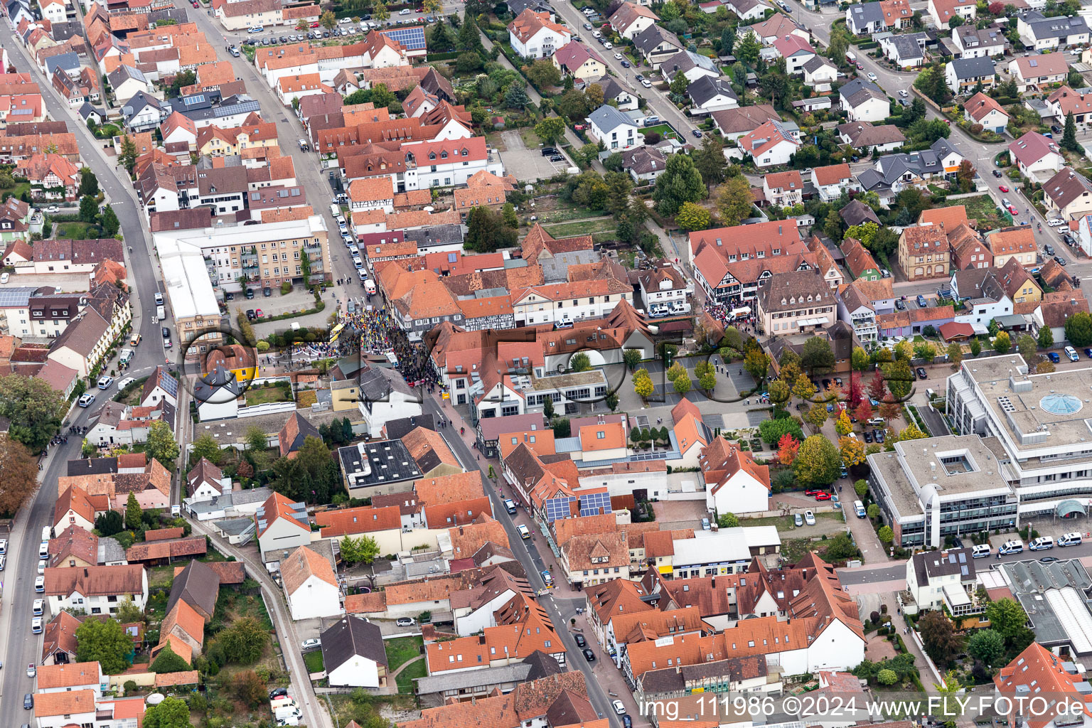 Demo "Women's Alliance Kandel" vs. "AntiFa/We are Kandel/Grandmas against the right in Kandel in the state Rhineland-Palatinate, Germany viewn from the air