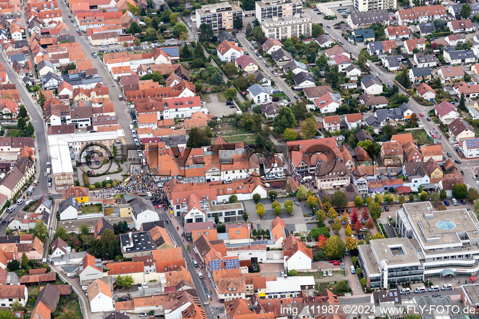 Drone recording of Demo "Women's Alliance Kandel" vs. "AntiFa/We are Kandel/Grandmas against the right in Kandel in the state Rhineland-Palatinate, Germany