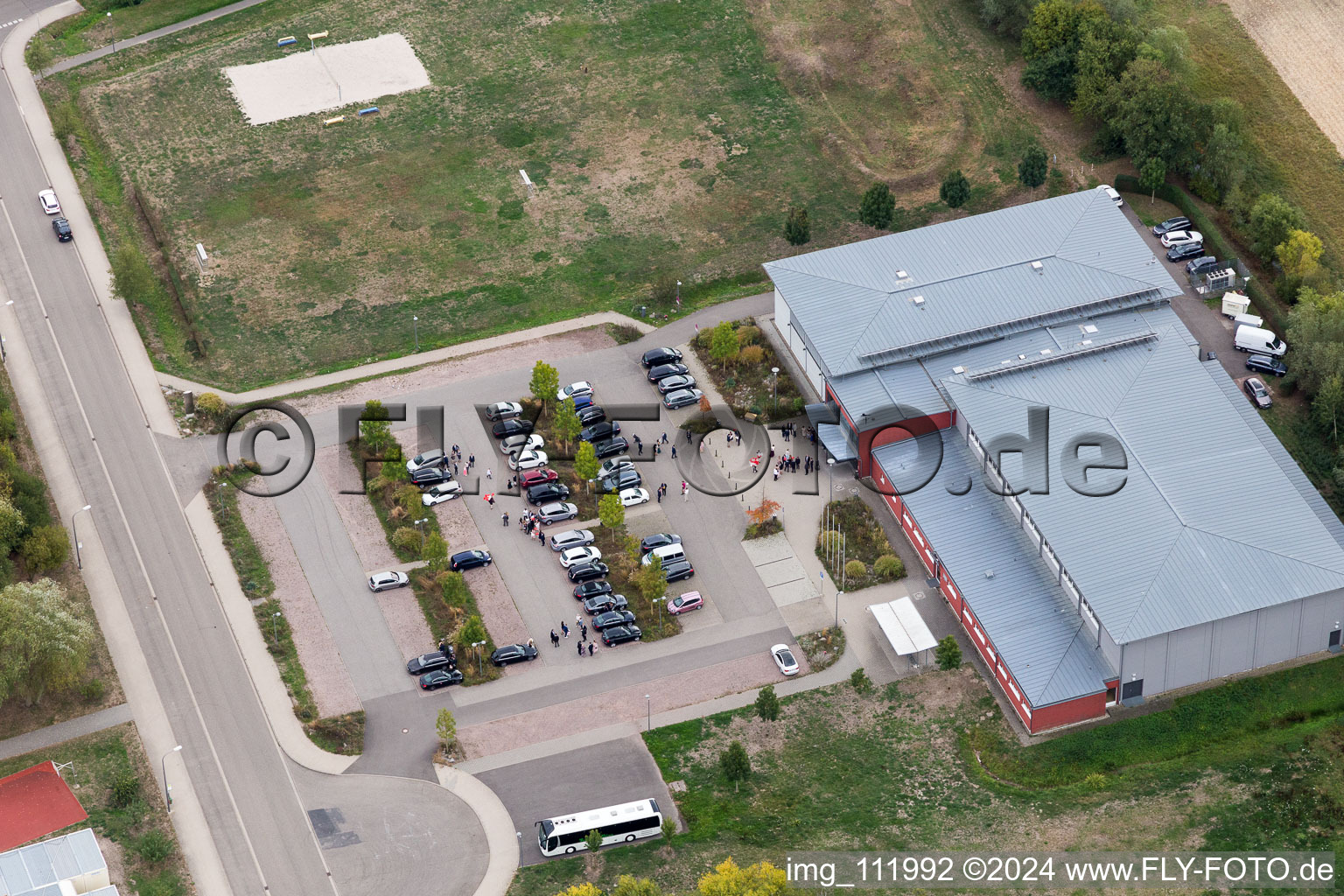 Aerial view of Bienwald Hall in Kandel in the state Rhineland-Palatinate, Germany