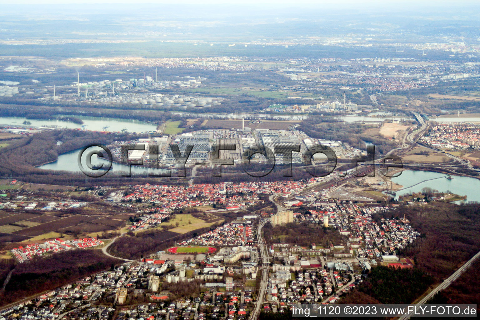 Aerial view of Daimler from the west in Wörth am Rhein in the state Rhineland-Palatinate, Germany