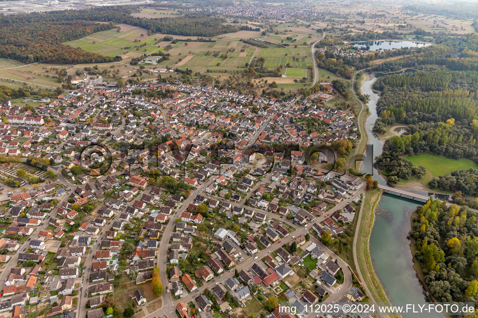 Aerial view of From the north in the district Plittersdorf in Rastatt in the state Baden-Wuerttemberg, Germany