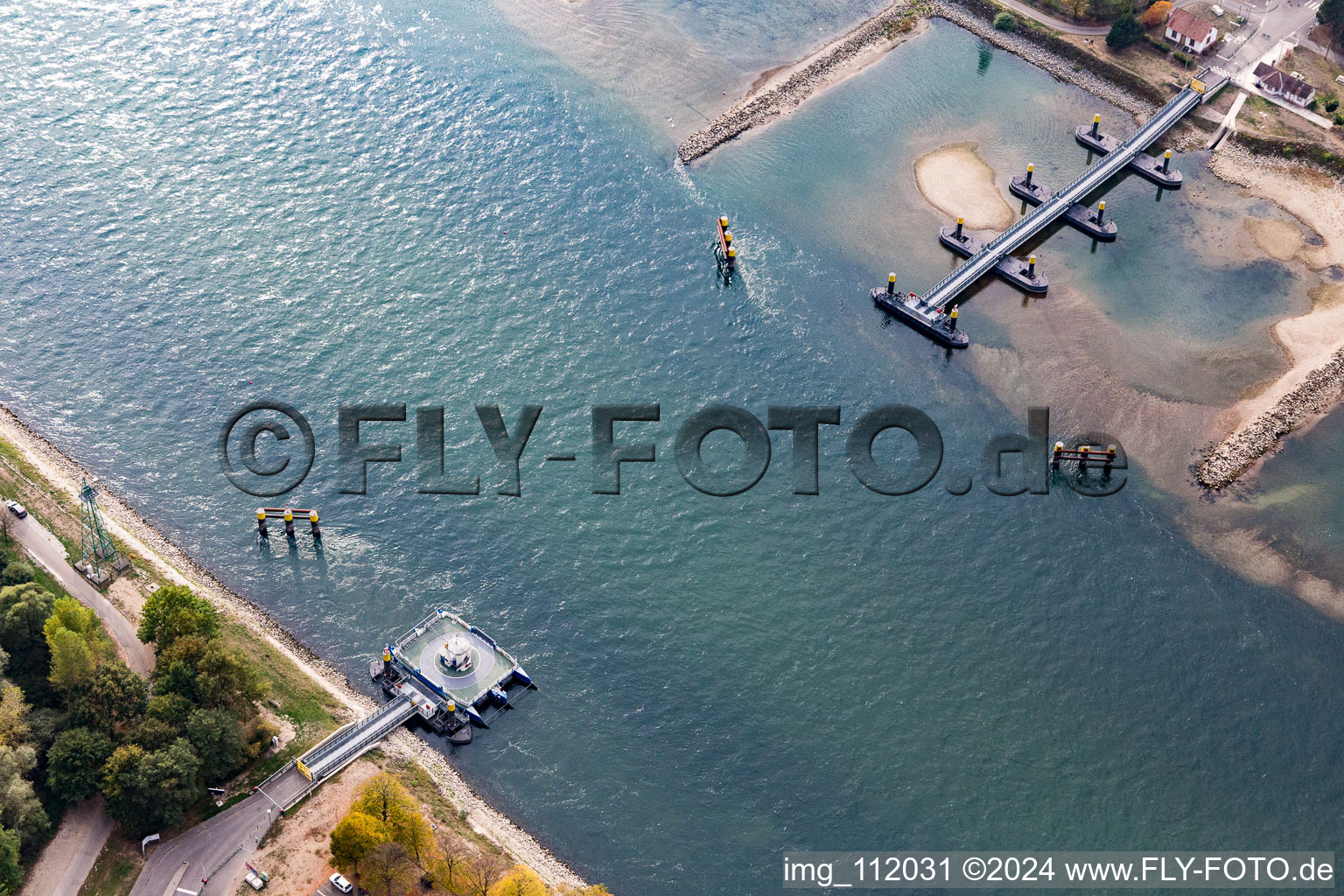 Aerial photograpy of Ride a ferry ship Solar-Rhine ferry in Plittersdorf in the state Baden-Wurttemberg, Germany
