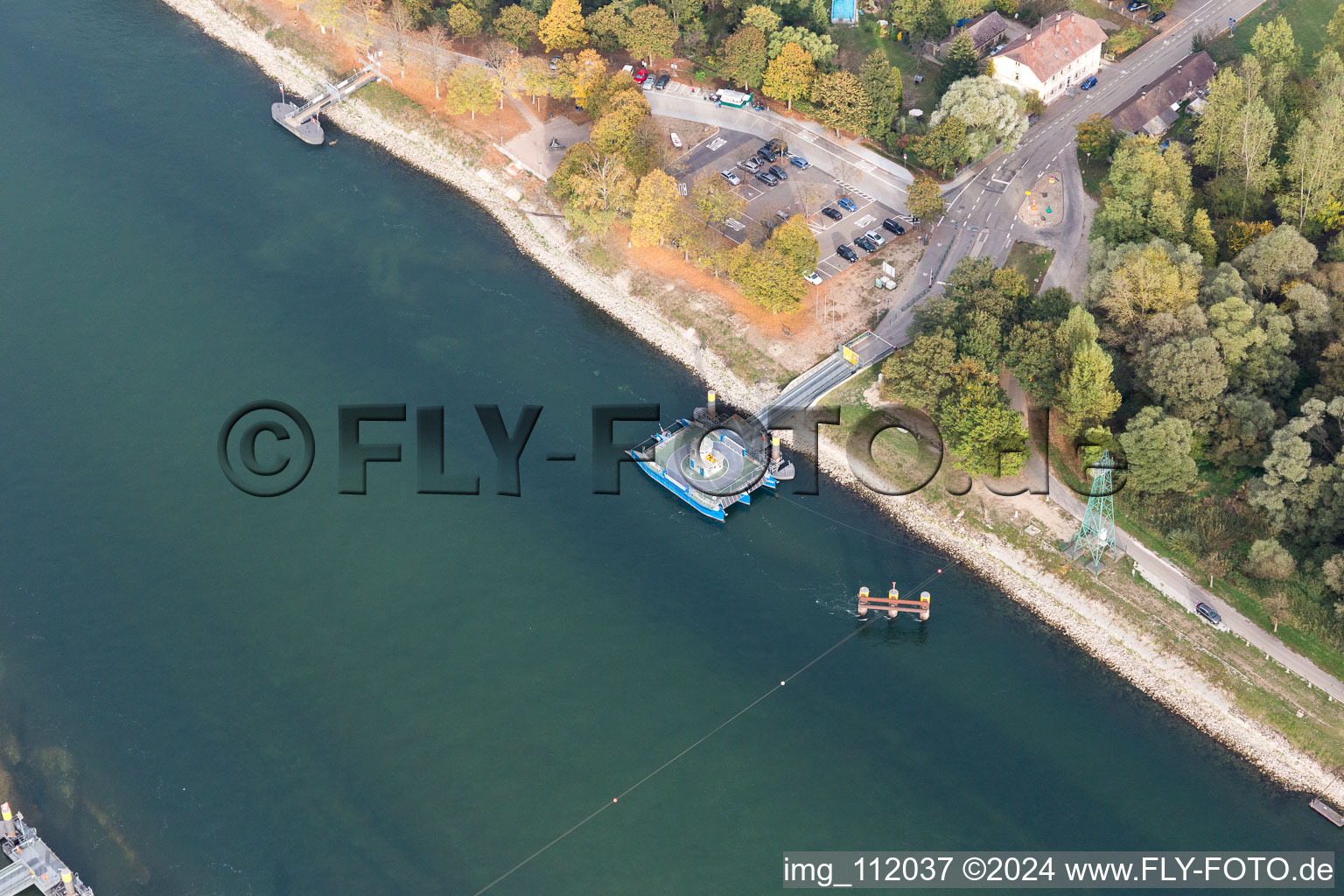 Ride a ferry ship Solar-Rhine ferry in Plittersdorf in the state Baden-Wurttemberg, Germany out of the air