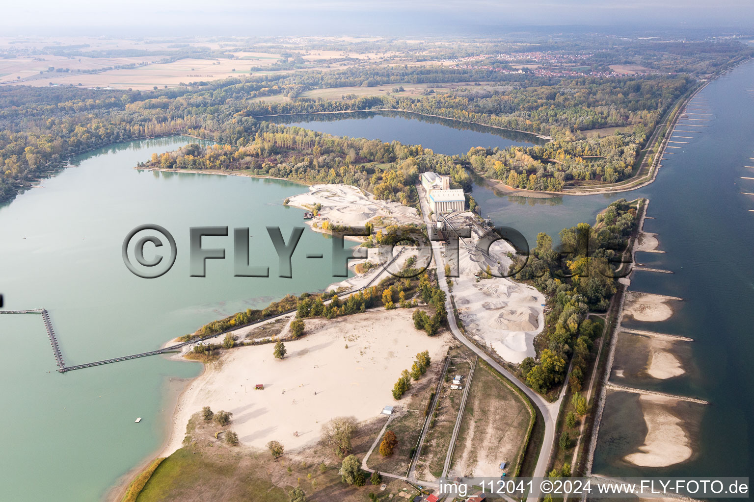 Aerial view of Dyckerhoff Gravières et Sablieères gravel works in Seltz in the state Bas-Rhin, France