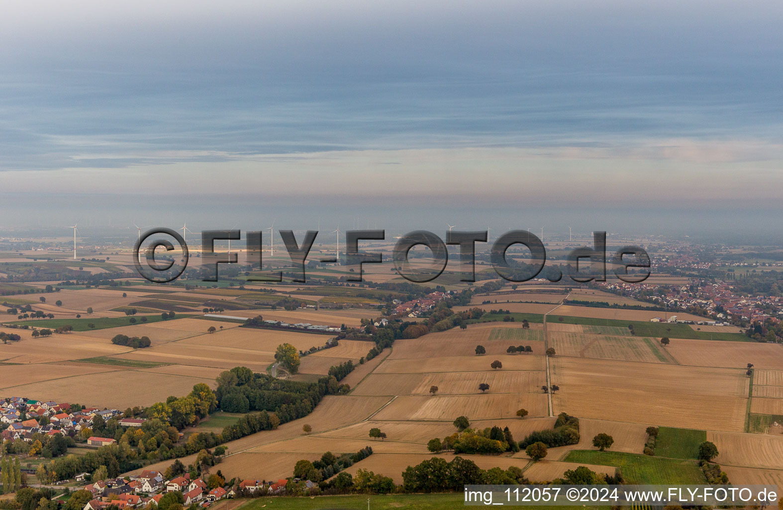 Aerial photograpy of EnBW wind farm - wind energy plant with 6 wind turbines in Freckenfeld in the state Rhineland-Palatinate, Germany