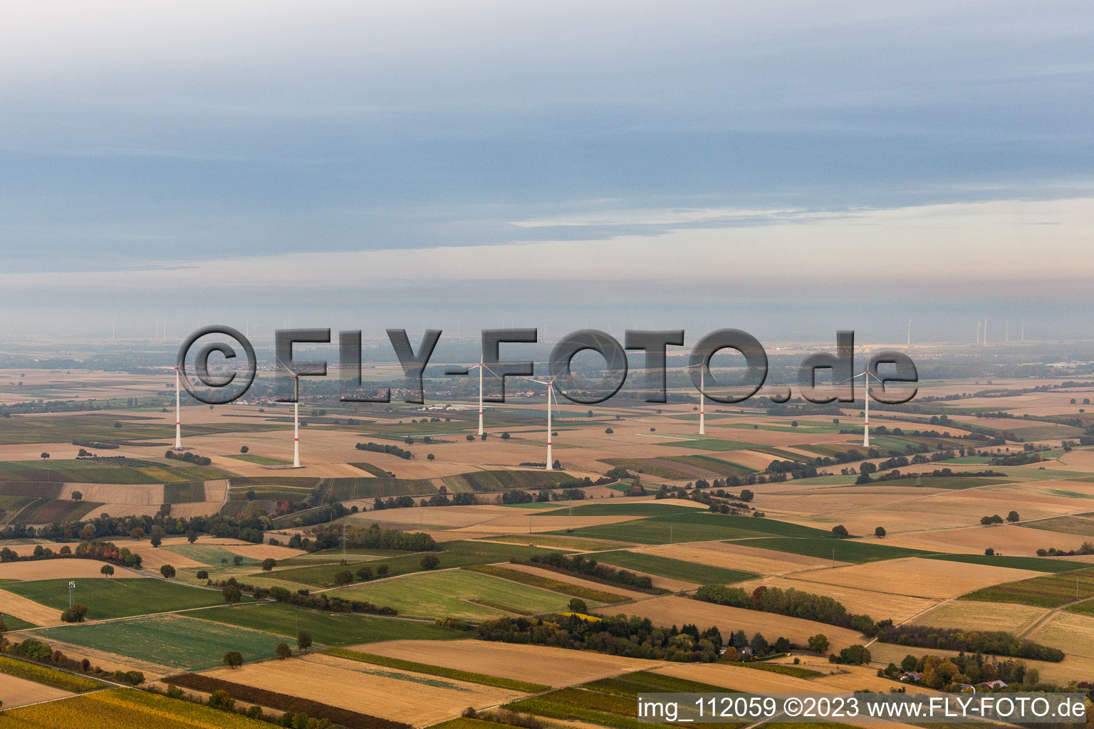 Oblique view of EnBW wind farm - wind turbine with 6 wind turbines in Freckenfeld in the state Rhineland-Palatinate, Germany