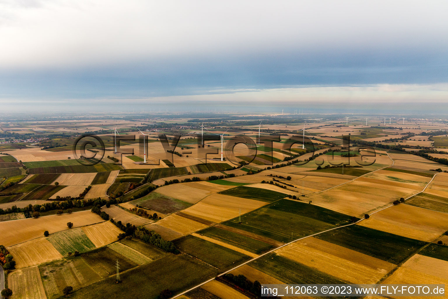 EnBW wind farm - wind turbine with 6 wind turbines in Freckenfeld in the state Rhineland-Palatinate, Germany from above