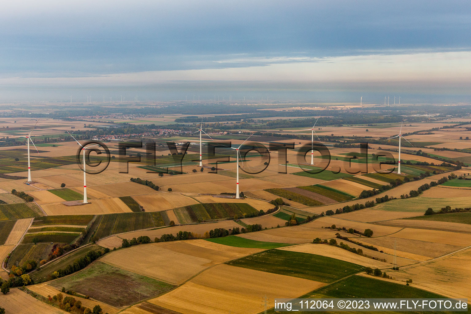 EnBW wind farm - wind turbine with 6 wind turbines in Freckenfeld in the state Rhineland-Palatinate, Germany out of the air