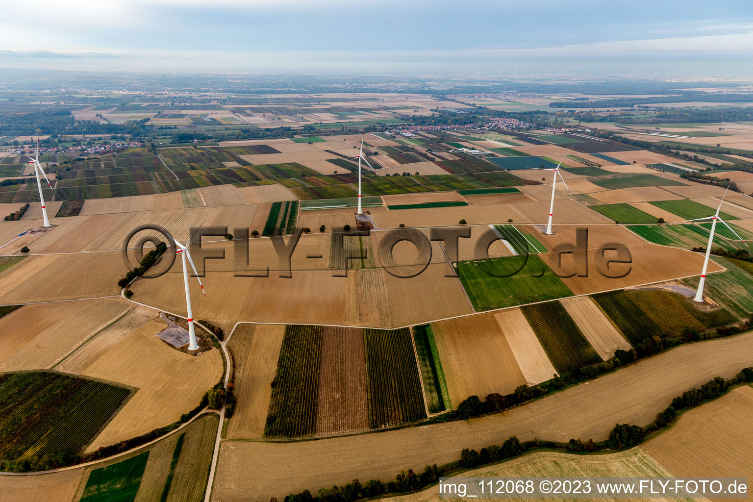EnBW wind farm - wind turbine with 6 wind turbines in Freckenfeld in the state Rhineland-Palatinate, Germany seen from above
