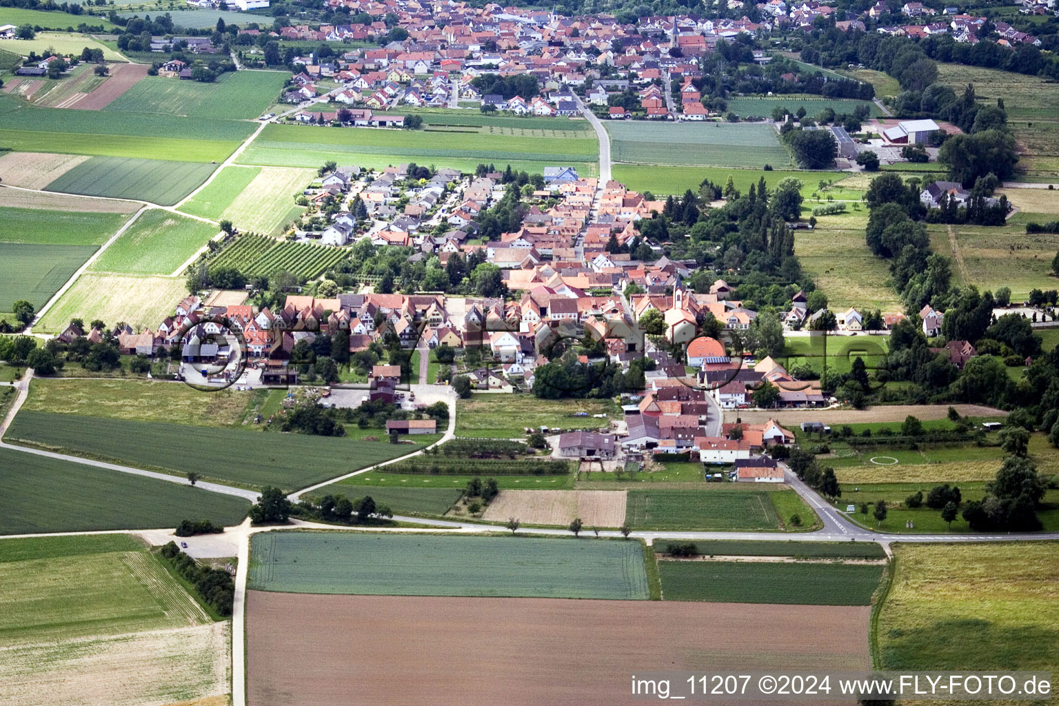 District Mühlhofen in Billigheim-Ingenheim in the state Rhineland-Palatinate, Germany from the drone perspective