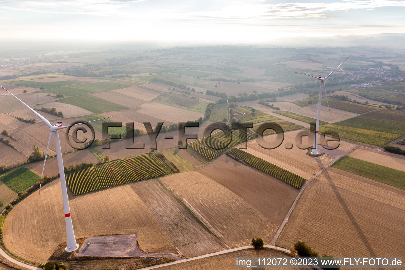 Bird's eye view of EnBW wind farm - wind turbine with 6 wind turbines in Freckenfeld in the state Rhineland-Palatinate, Germany