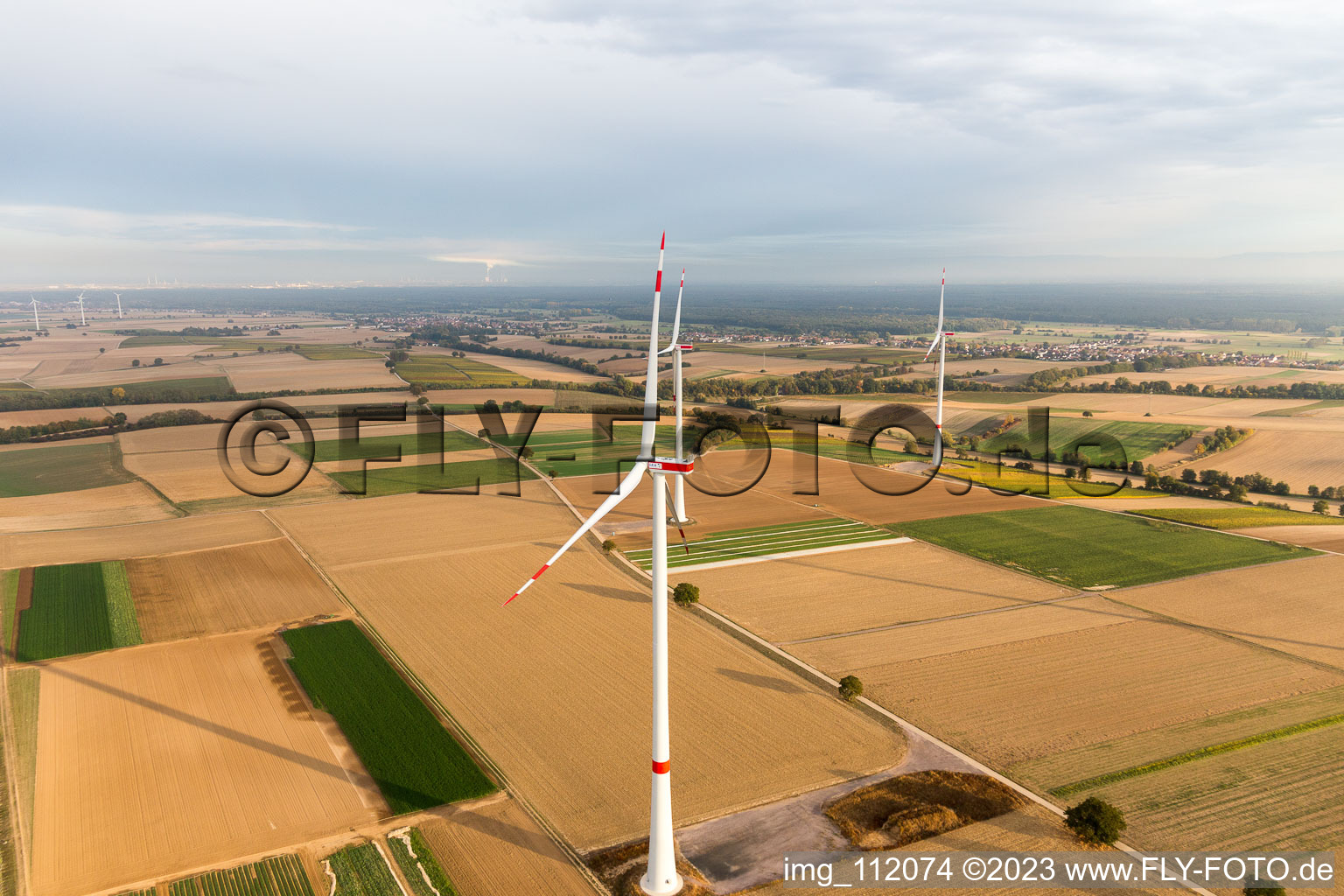 EnBW wind farm - wind turbine with 6 wind turbines in Freckenfeld in the state Rhineland-Palatinate, Germany viewn from the air