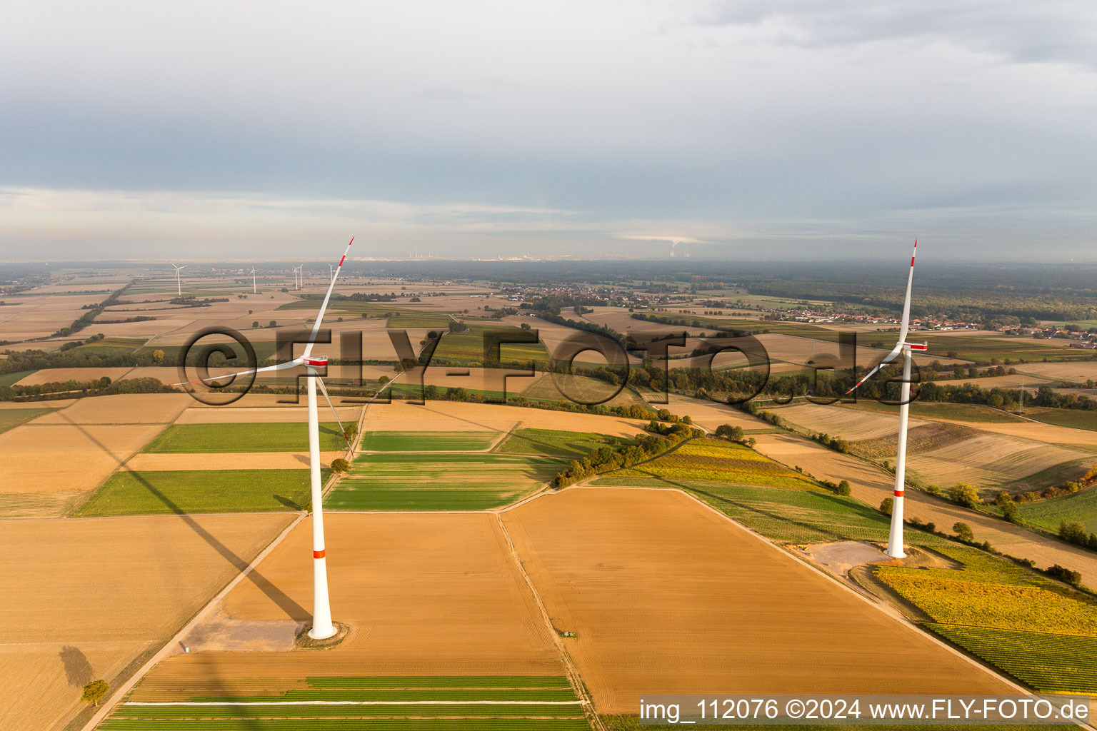 Drone recording of EnBW wind farm - wind energy plant with 6 wind turbines in Freckenfeld in the state Rhineland-Palatinate, Germany