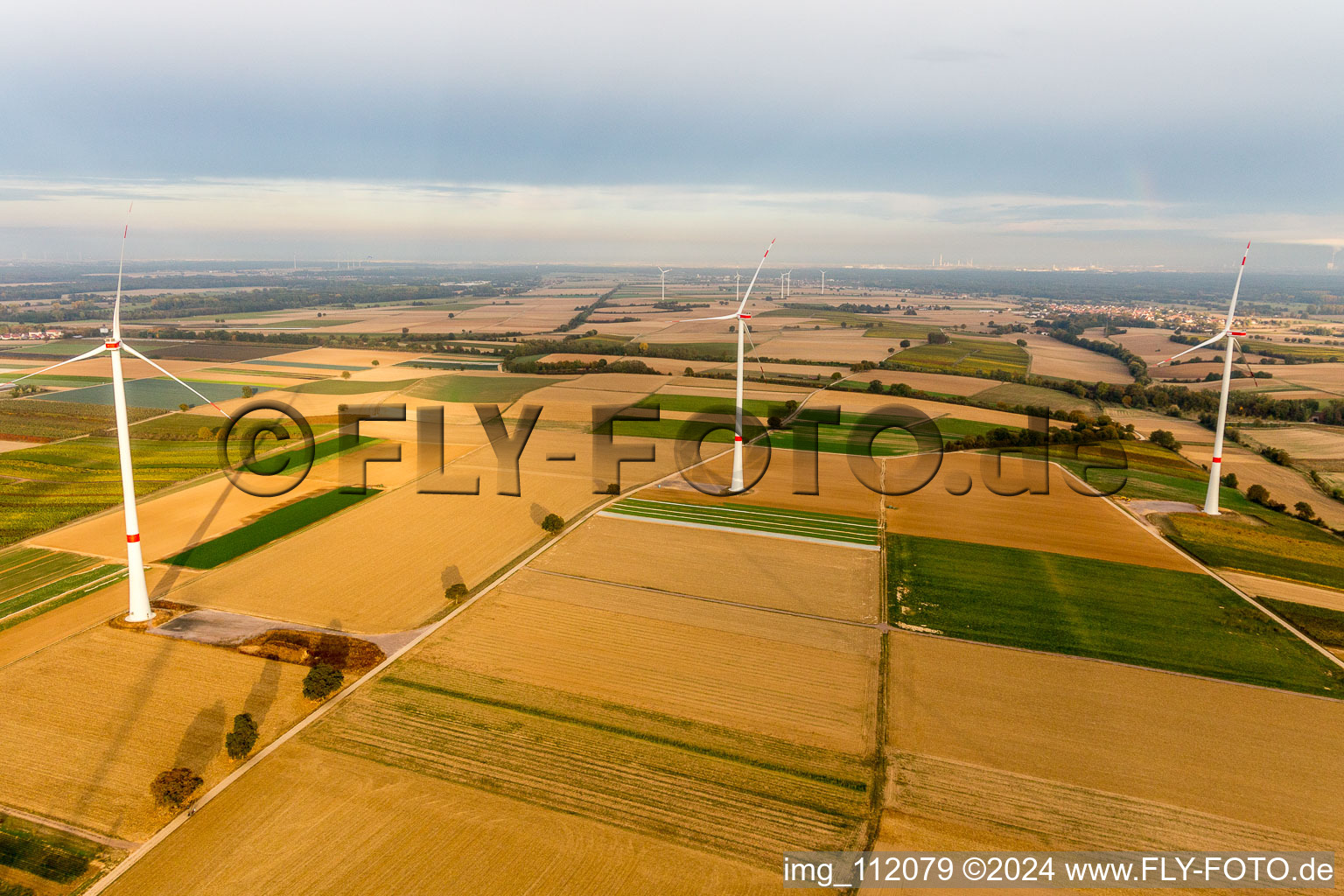 EnBW wind farm - wind energy plant with 6 wind turbines in Freckenfeld in the state Rhineland-Palatinate, Germany from the drone perspective