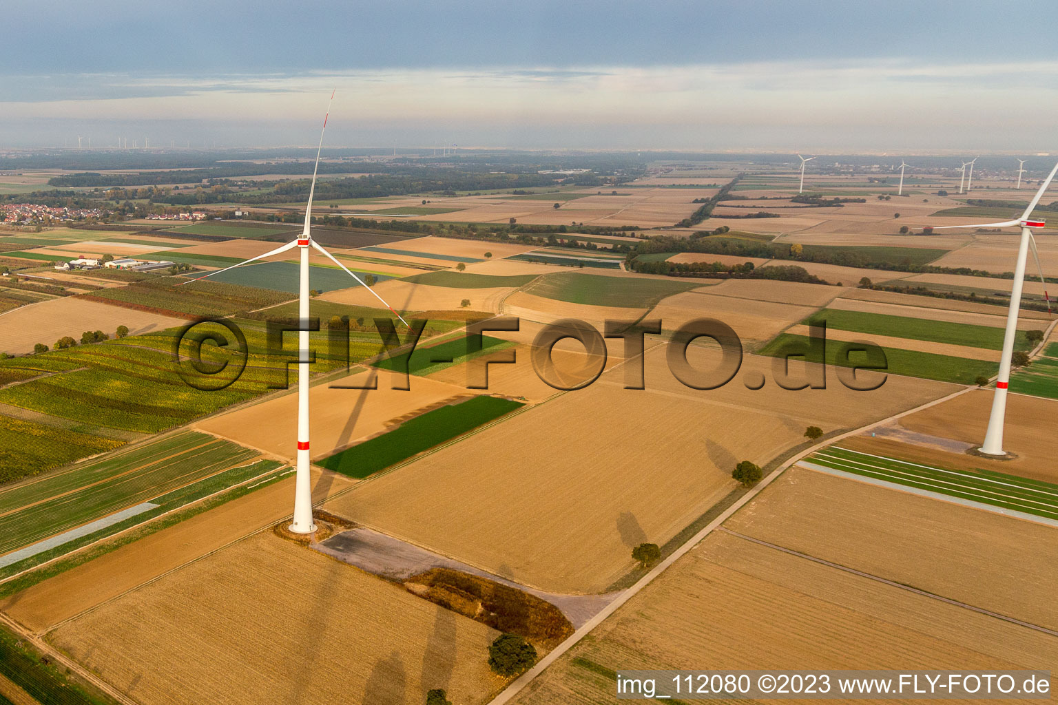 EnBW wind farm - wind turbine with 6 wind turbines in Freckenfeld in the state Rhineland-Palatinate, Germany from a drone