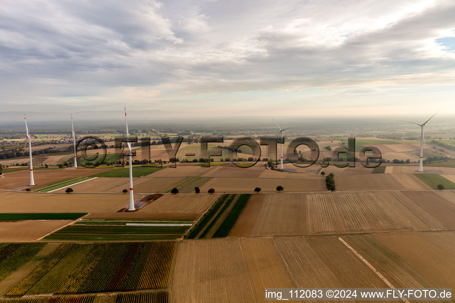 EnBW wind farm - wind energy plant with 6 wind turbines in Freckenfeld in the state Rhineland-Palatinate, Germany seen from a drone