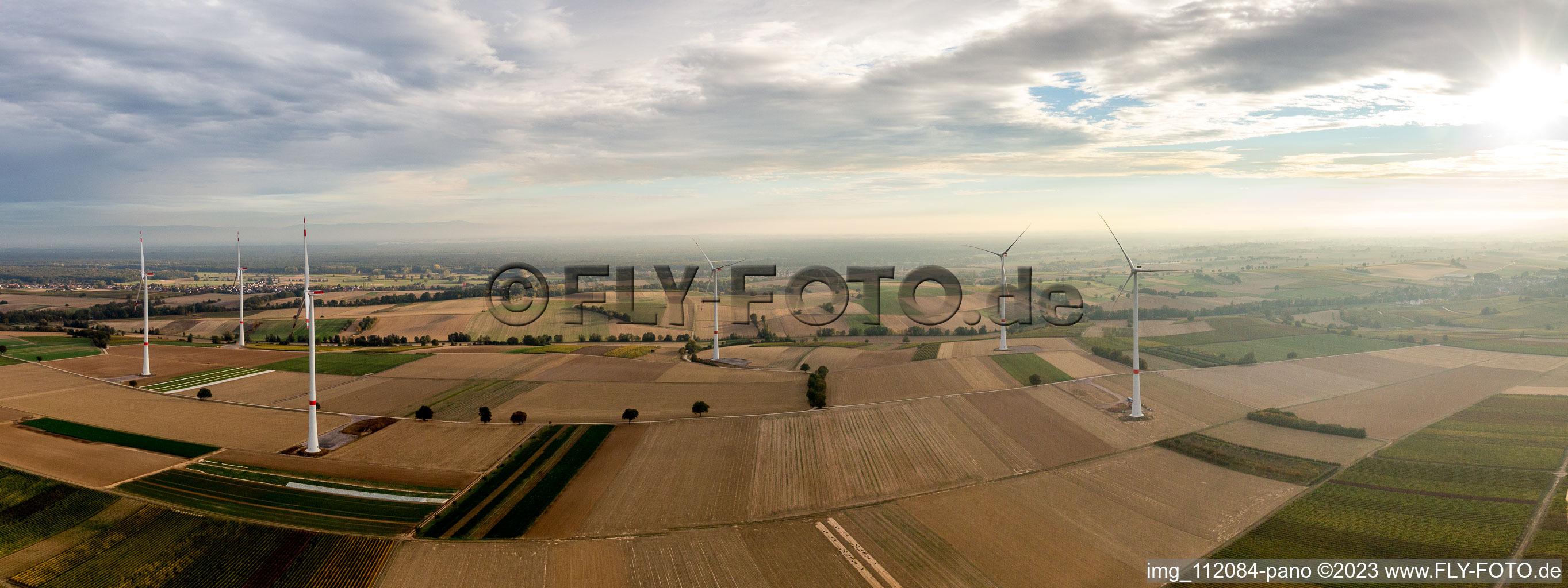 Aerial view of EnBW wind farm - wind turbine with 6 wind turbines in Freckenfeld in the state Rhineland-Palatinate, Germany