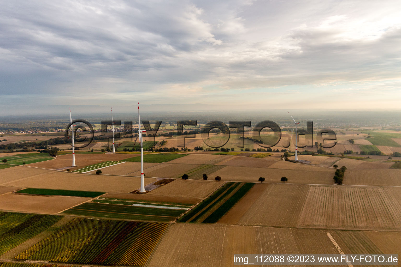 Aerial photograpy of EnBW wind farm - wind turbine with 6 wind turbines in Freckenfeld in the state Rhineland-Palatinate, Germany