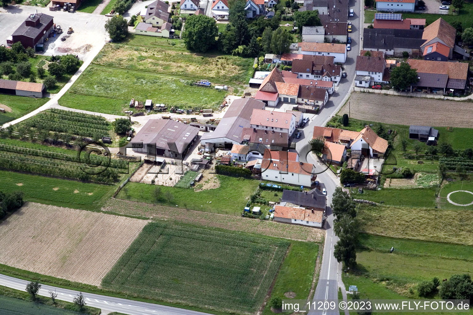 District Mühlhofen in Billigheim-Ingenheim in the state Rhineland-Palatinate, Germany seen from a drone