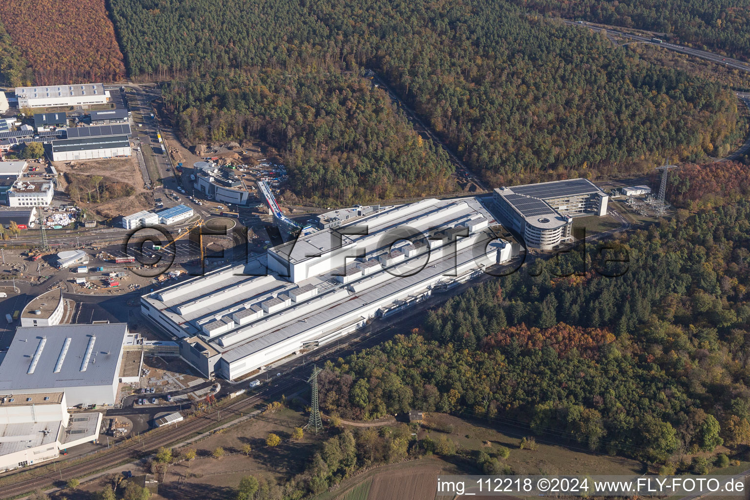 Aerial view of Extension - new building - construction site on the factory premises of SEW-EURODRIVE GmbH & Co KG in Graben-Neudorf in the state Baden-Wurttemberg, Germany