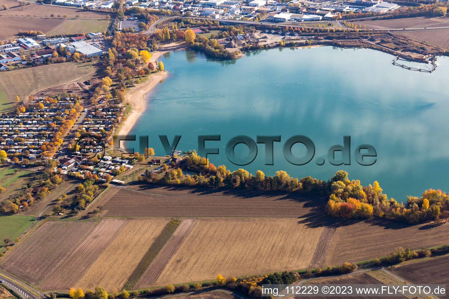 Aerial view of Hardtsee leisure center in the district Ubstadt in Ubstadt-Weiher in the state Baden-Wuerttemberg, Germany