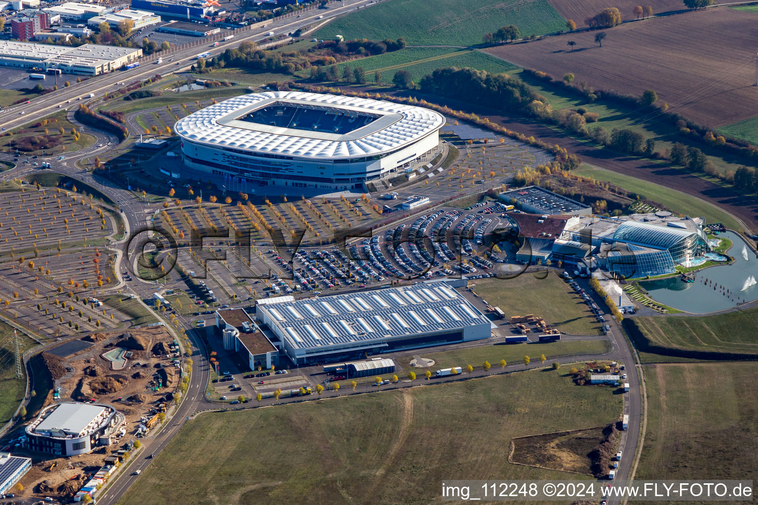 Aerial view of WIRSOL Rhein-Neckar-Arena in the district Steinsfurt in Sinsheim in the state Baden-Wuerttemberg, Germany