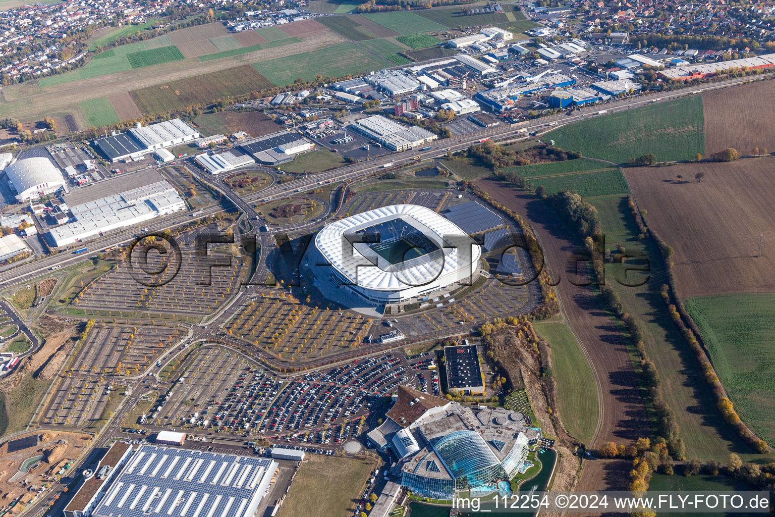 Aerial view of WIRSOL Arena FC Hoffenheim in the district Steinsfurt in Sinsheim in the state Baden-Wuerttemberg, Germany