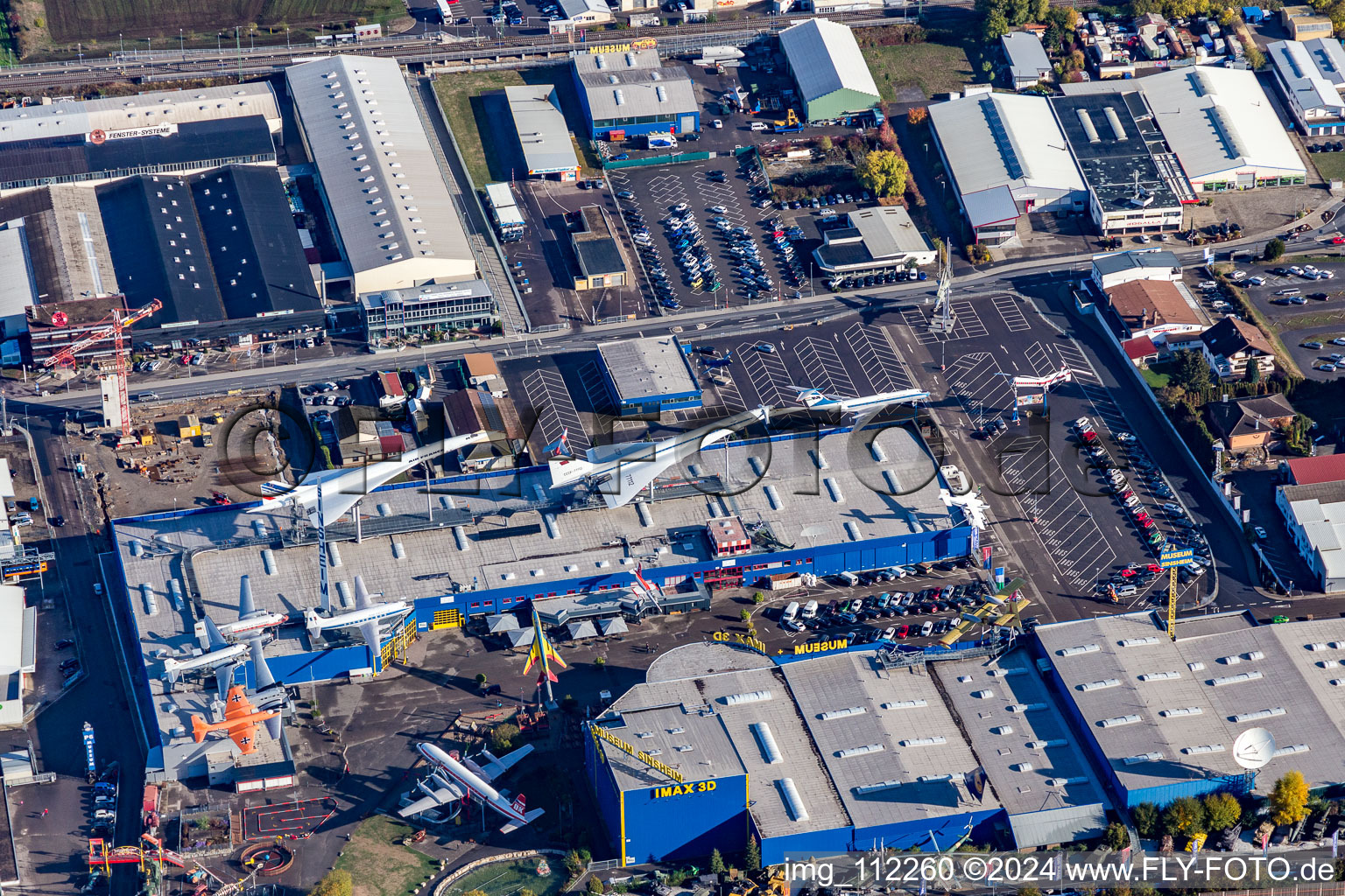 Aerial view of Technology museum with Tupolev and Concorde in the district Steinsfurt in Sinsheim in the state Baden-Wuerttemberg, Germany