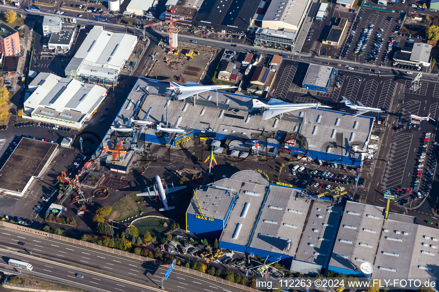 Aerial photograpy of Technology museum with Tupolev and Concorde in the district Steinsfurt in Sinsheim in the state Baden-Wuerttemberg, Germany