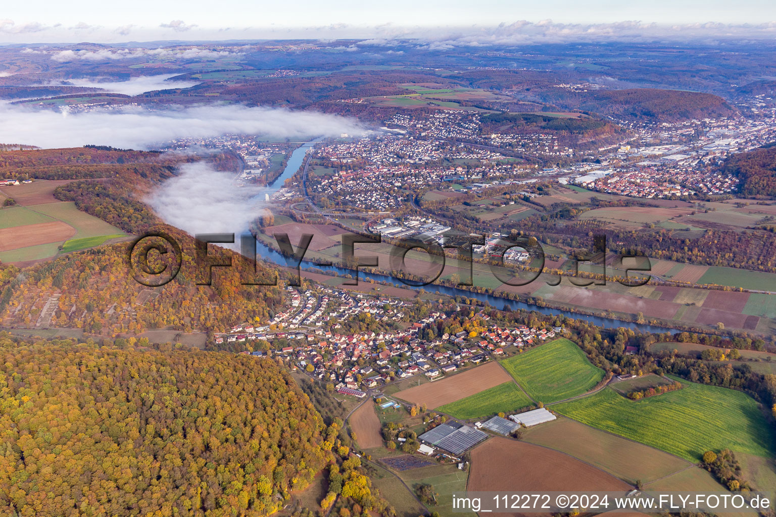 Opposite Hochhausen am Neckar under clouds in the district Neckarelz in Mosbach in the state Baden-Wuerttemberg, Germany