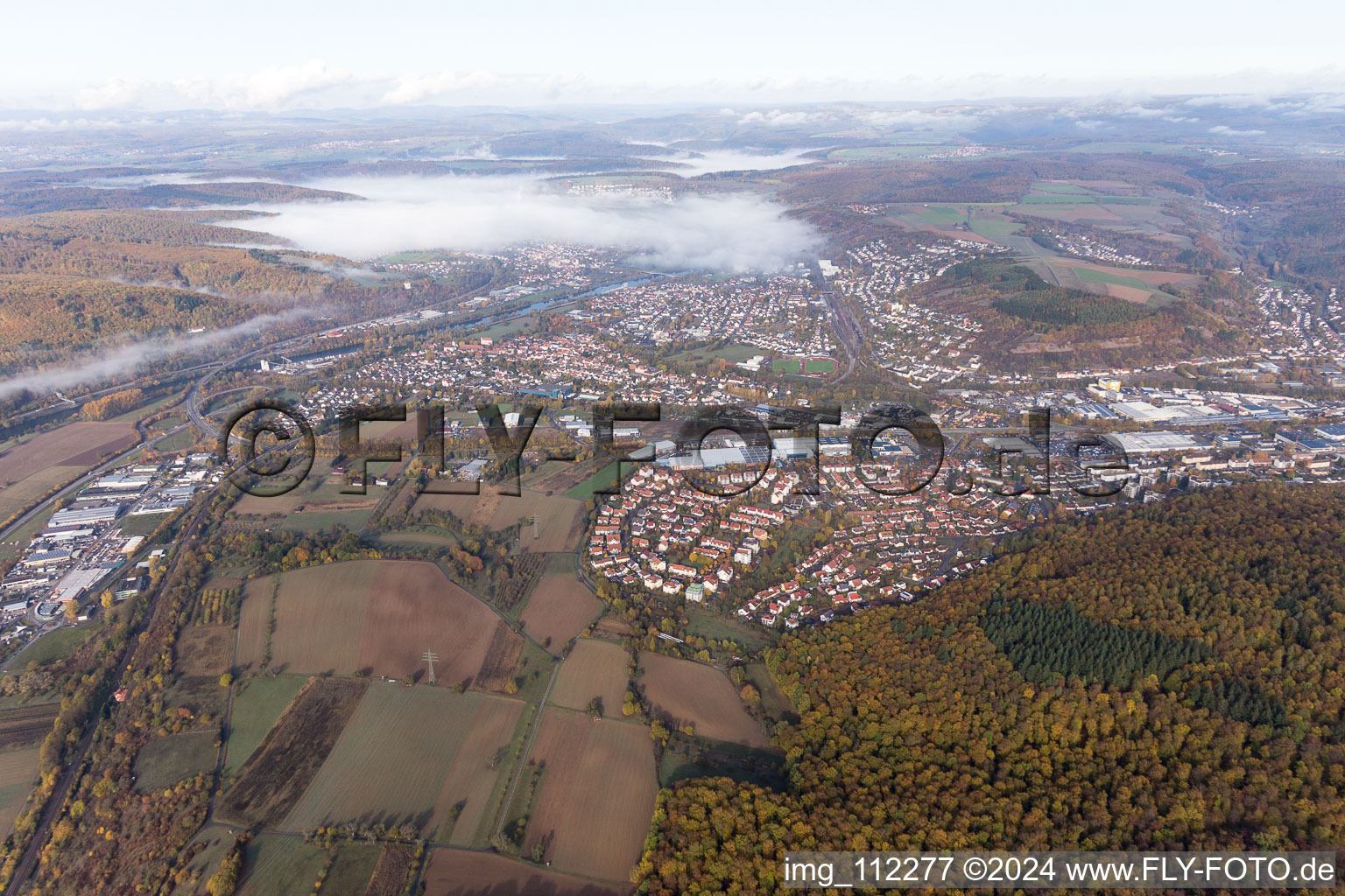 Aerial view of Neckarelz in Mosbach in the state Baden-Wuerttemberg, Germany