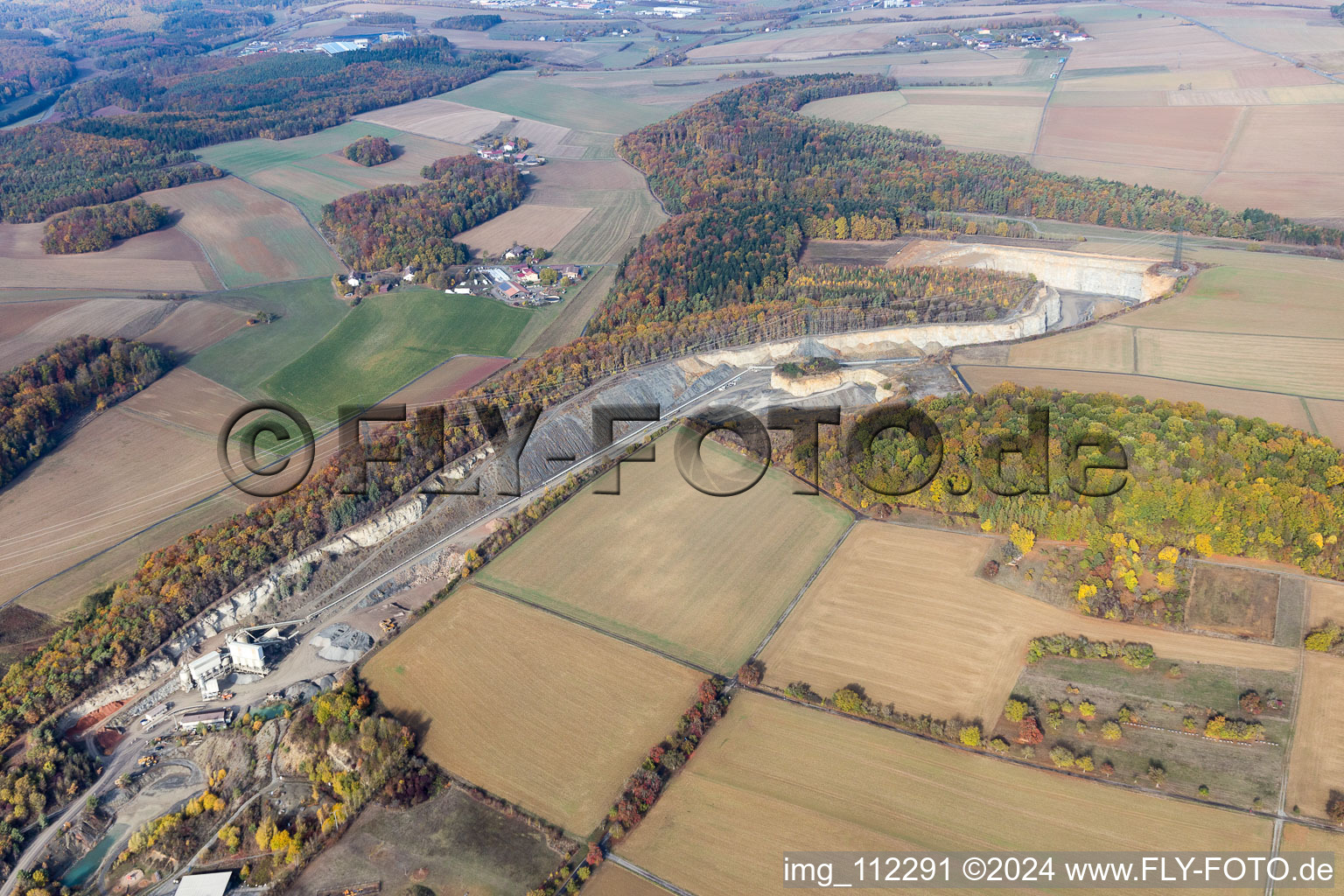 Aerial view of Hohenlohe-Bauland GmbH SHB Gravel Works in the district Eberstadt in Buchen in the state Baden-Wuerttemberg, Germany