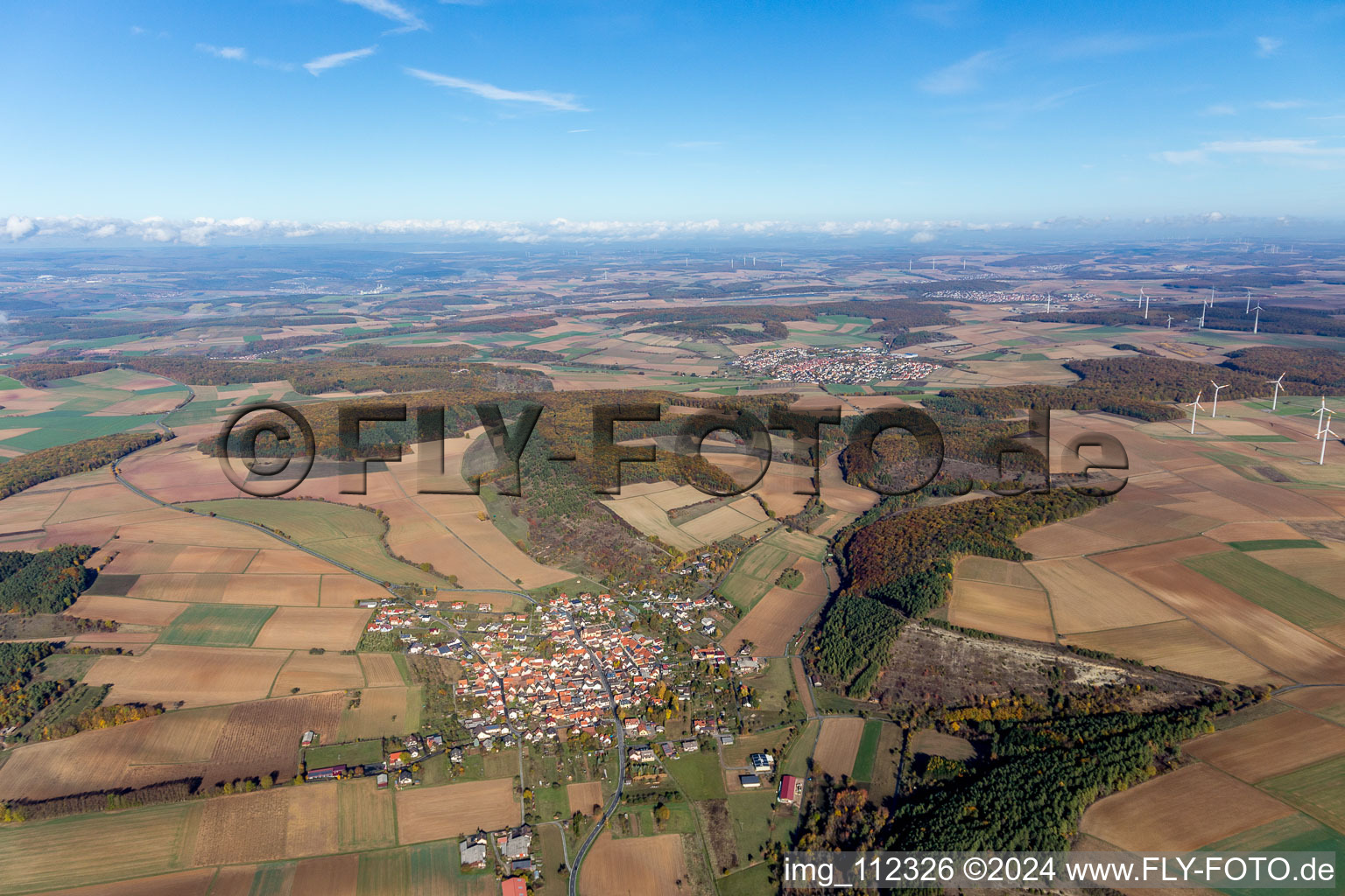 Aerial view of District Böttigheim in Neubrunn in the state Bavaria, Germany