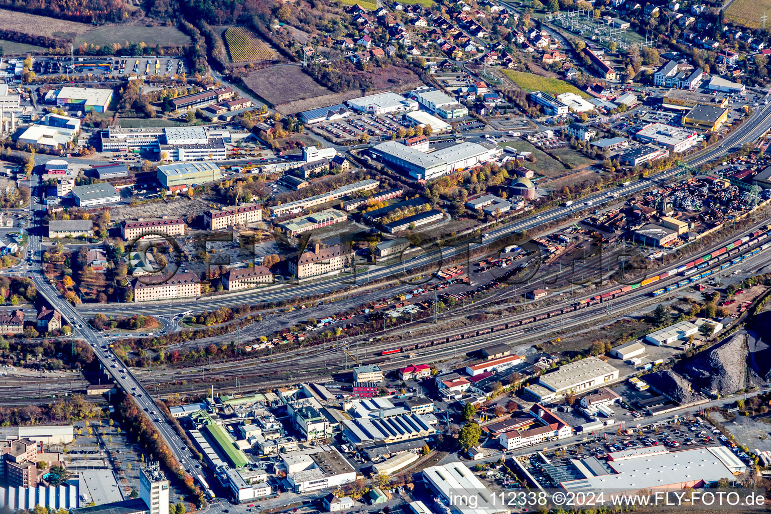 Aerial view of Northern Hafenstr in Würzburg in the state Bavaria, Germany