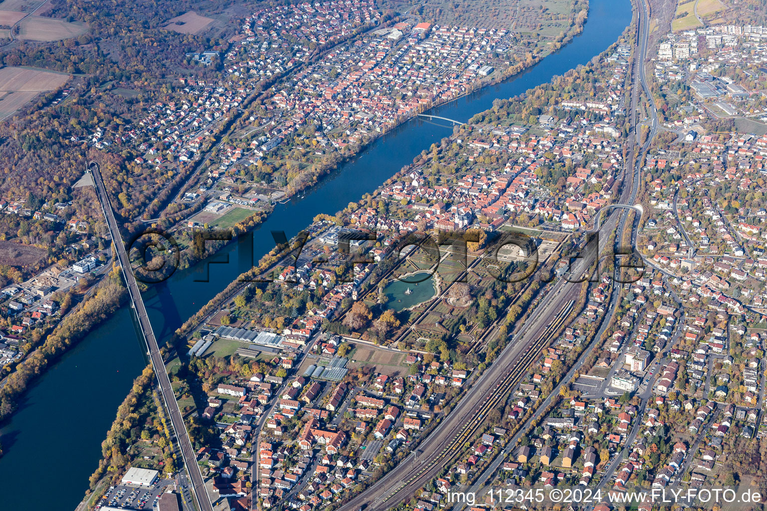 Aerial view of Railway River - bridge construction crossing the Main river in Veitshoechheim in the state Bavaria, Germany