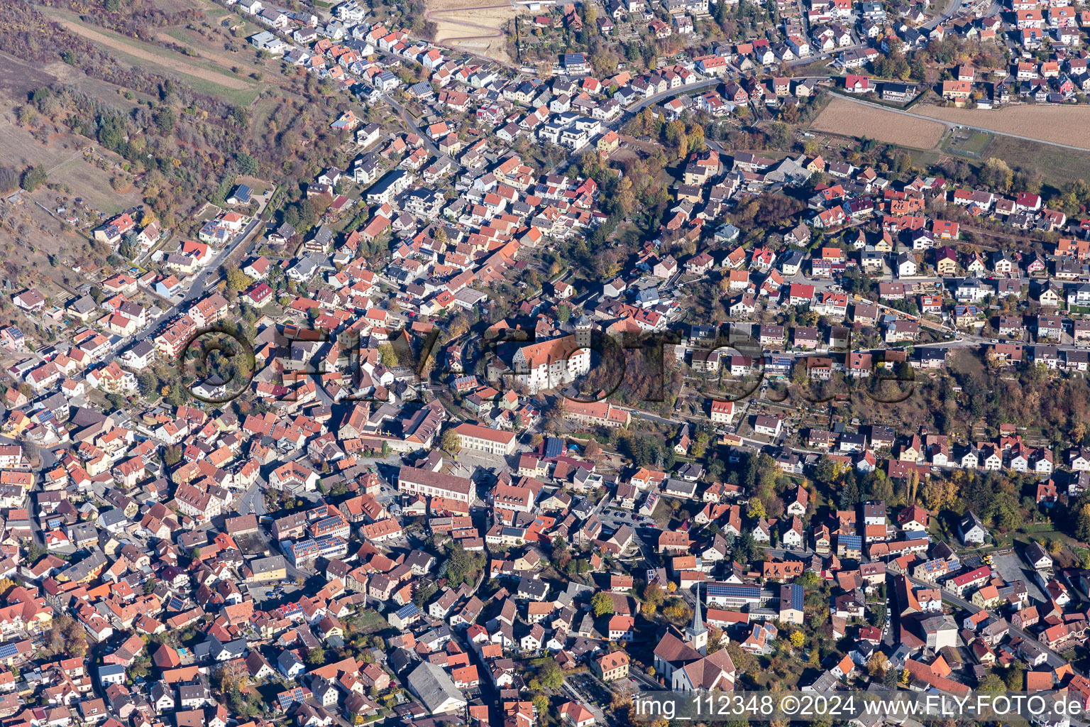 Town View of the streets and houses of the residential areas in Rimpar in the state Bavaria, Germany