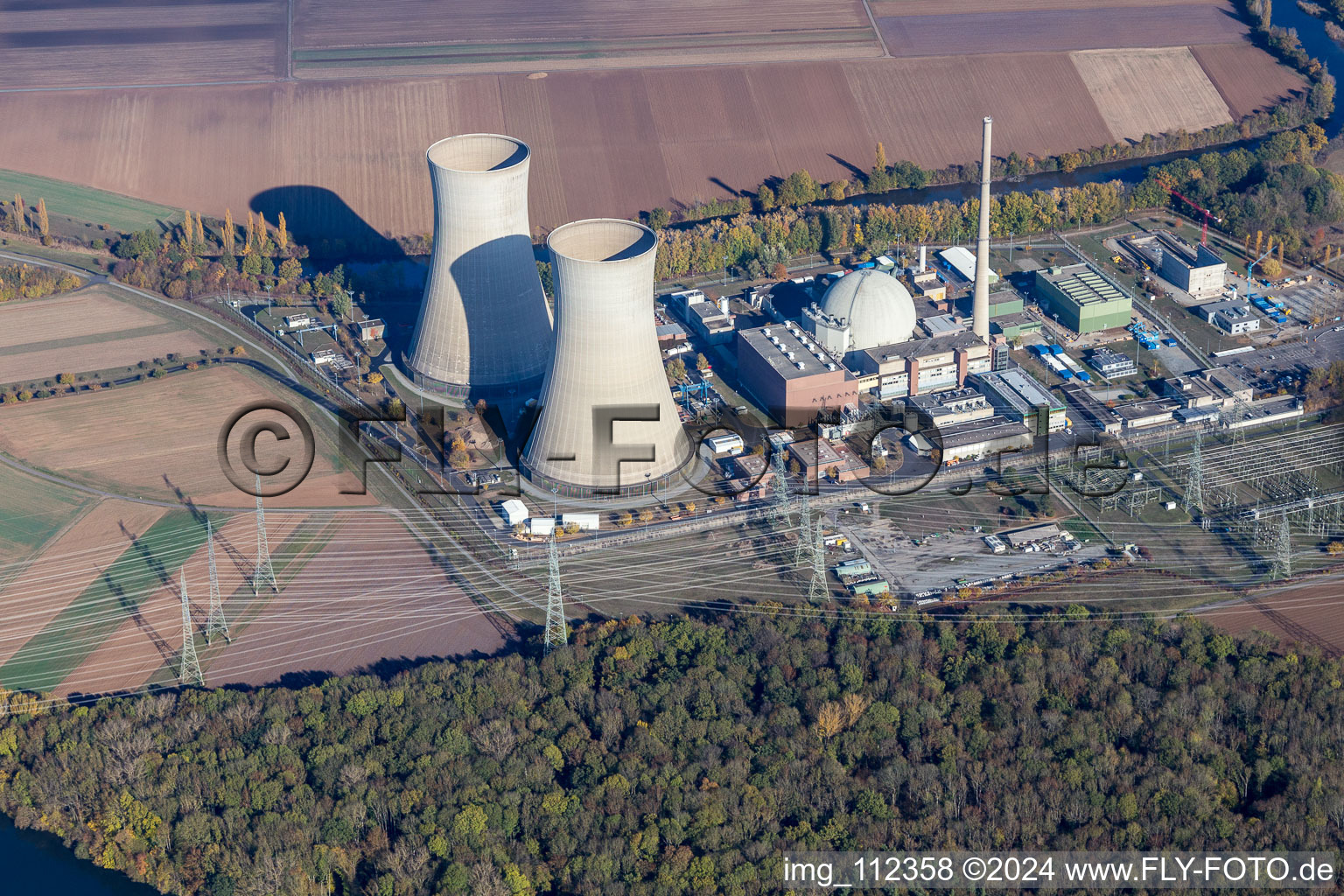 Aerial view of Building remains of the reactor units and facilities of the NPP nuclear power plant Grafenrheinfeld KKG in Grafenrheinfeld in the state Bavaria, Germany