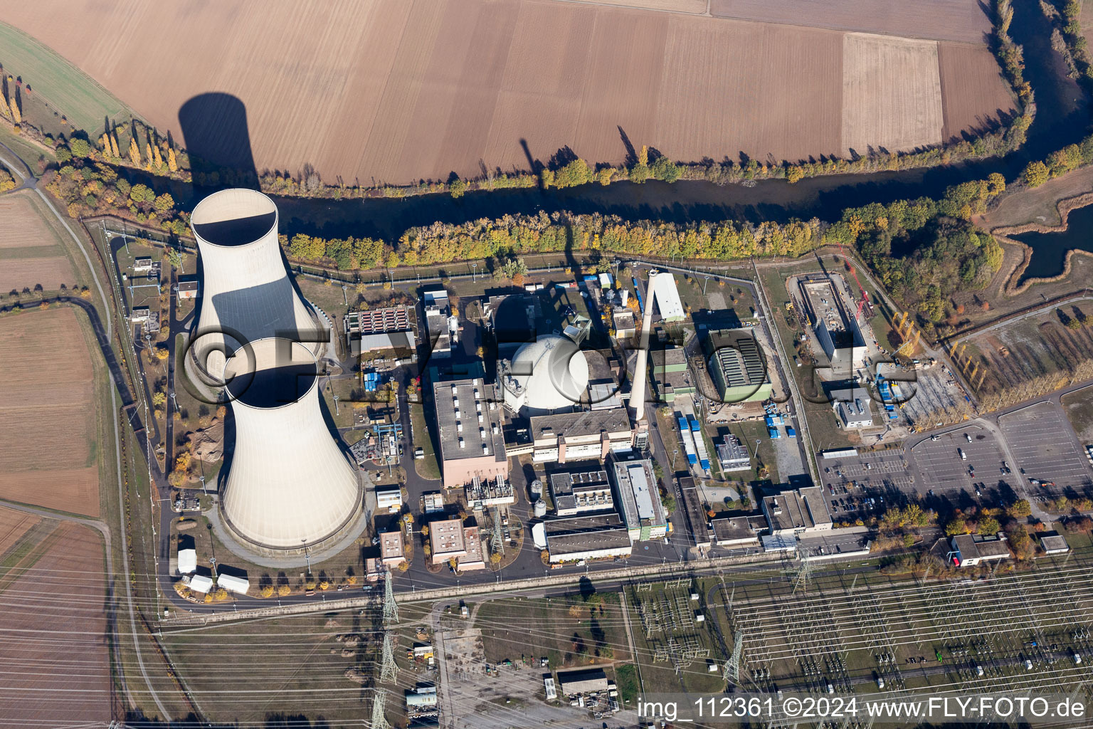 Aerial photograpy of Building remains of the reactor units and facilities of the NPP nuclear power plant Grafenrheinfeld KKG in Grafenrheinfeld in the state Bavaria, Germany