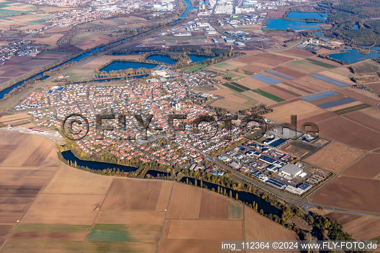 Town on the banks of the river of the Main river in Grafenrheinfeld in the state Bavaria, Germany