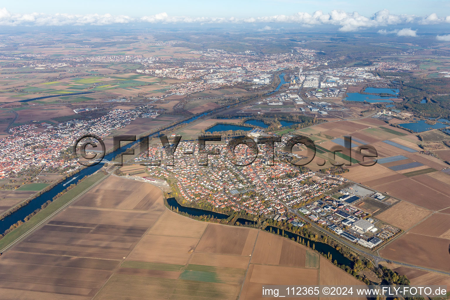 Bird's eye view of Grafenrheinfeld in the state Bavaria, Germany