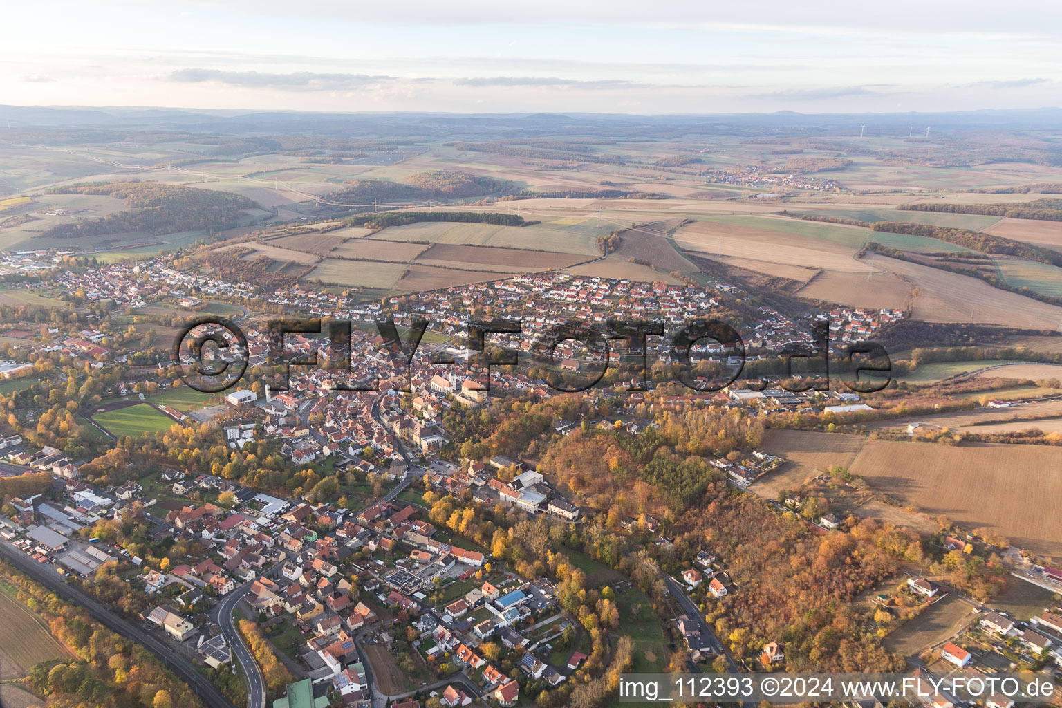 Aerial view of Arnstein in the state Bavaria, Germany