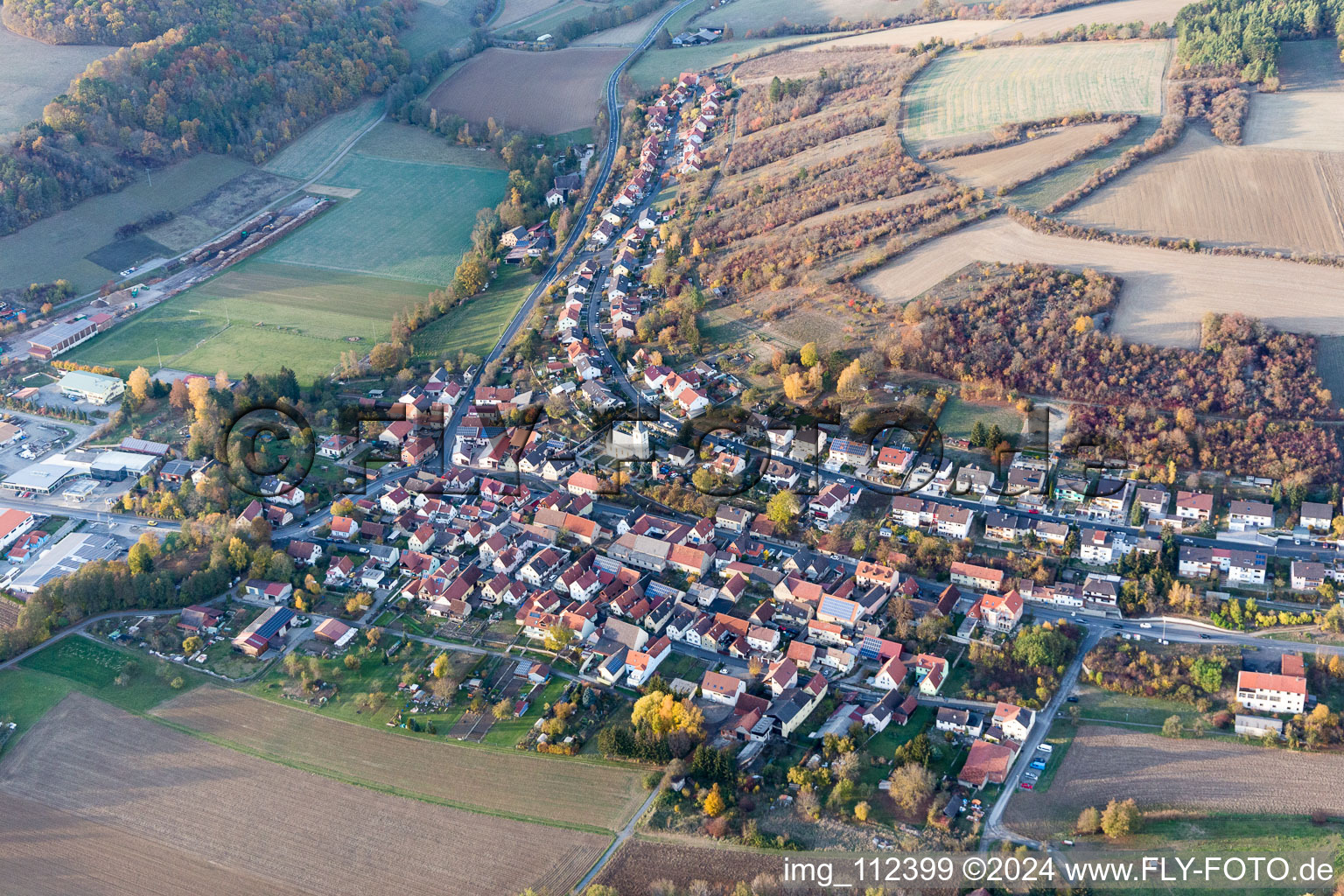 Oblique view of Town View of the streets and houses of the residential areas in Arnstein in the state Bavaria, Germany