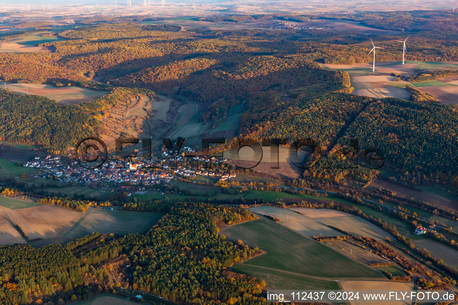 Oblique view of District Binsfeld in Arnstein in the state Bavaria, Germany