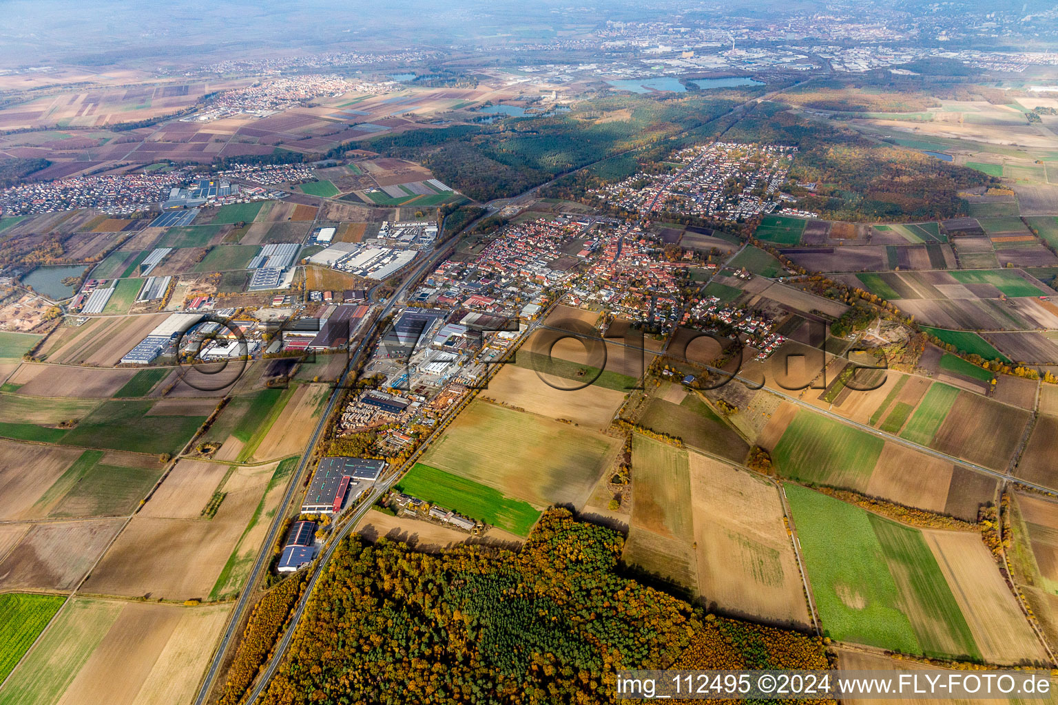 Village view on the edge of agricultural fields and land in Schwebheim in the state Bavaria, Germany