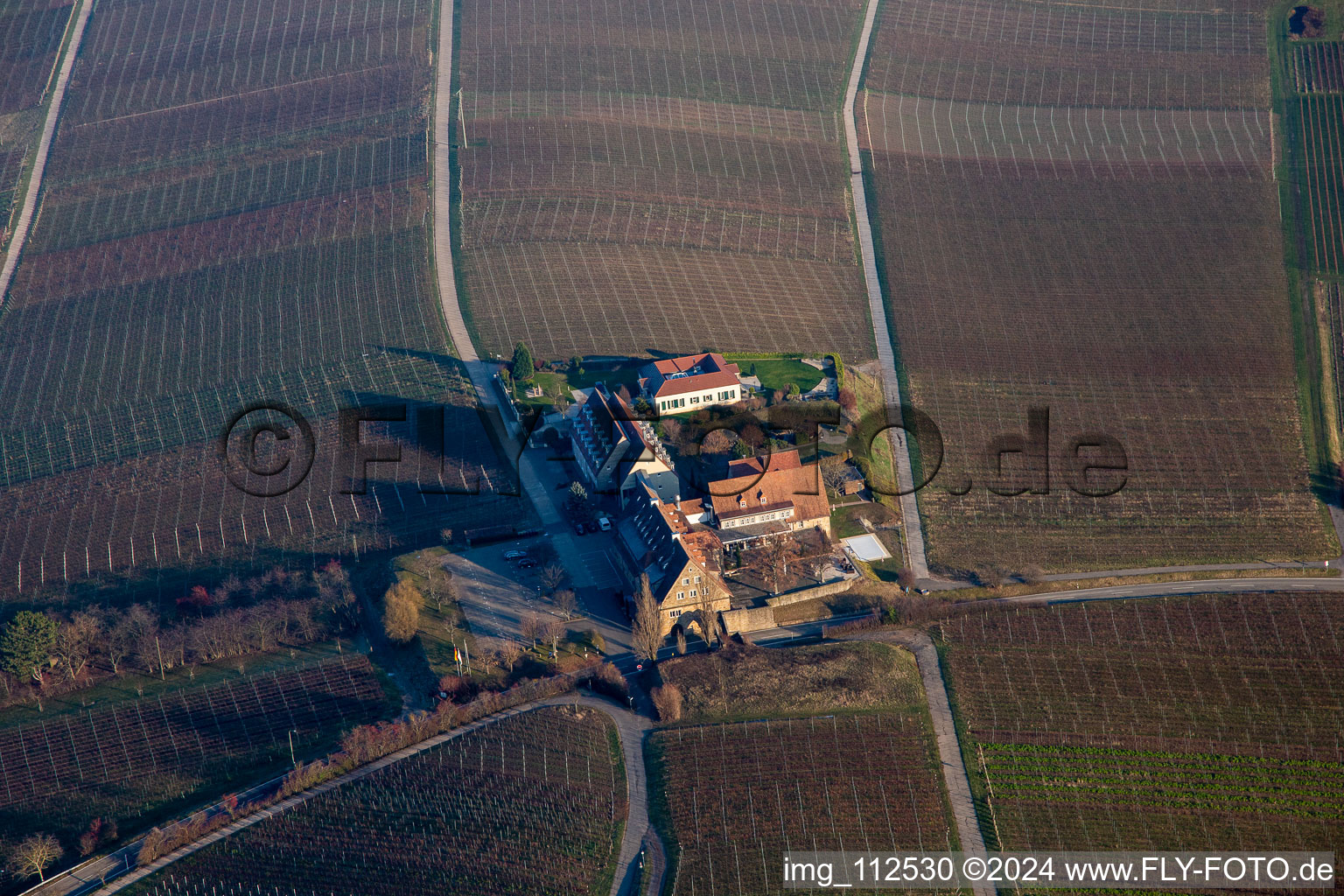 Aerial view of Complex of the hotel building Leinsweiler Hof in Leinsweiler in the state Rhineland-Palatinate, Germany