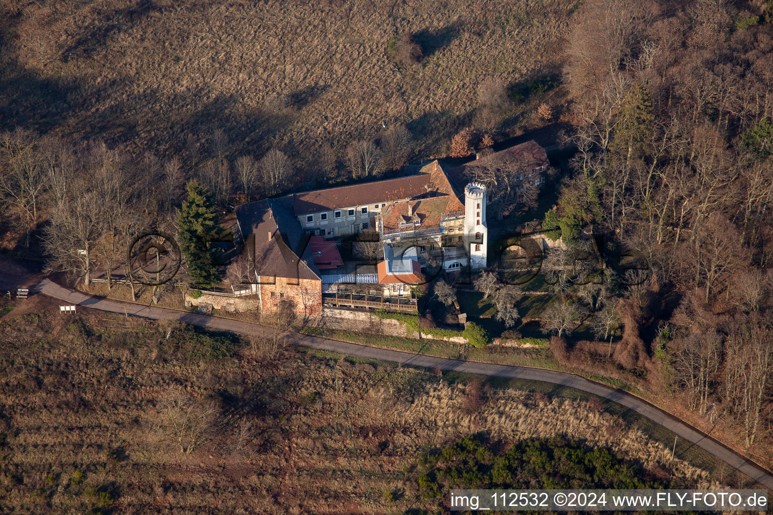 Aerial photograpy of Museum building ensemble Slevogthof in Leinsweiler in the state Rhineland-Palatinate, Germany