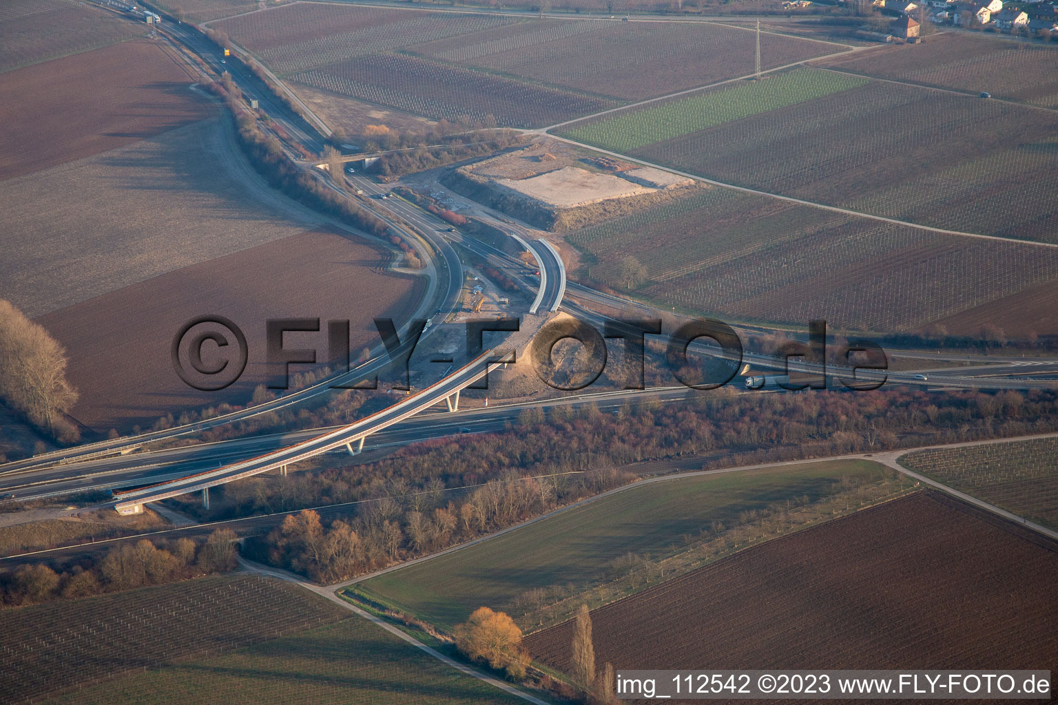 Aerial photograpy of New construction of the Landau Nord motorway junction in the district Dammheim in Landau in der Pfalz in the state Rhineland-Palatinate, Germany