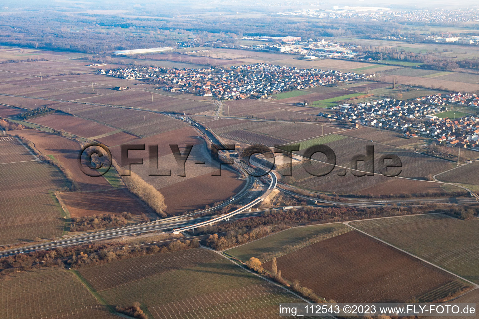 Oblique view of New construction of the Landau Nord motorway junction in the district Dammheim in Landau in der Pfalz in the state Rhineland-Palatinate, Germany