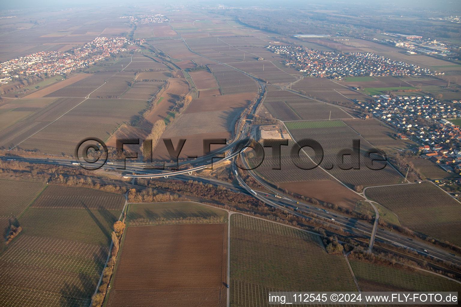 New construction of the Landau Nord motorway junction in the district Dammheim in Landau in der Pfalz in the state Rhineland-Palatinate, Germany out of the air