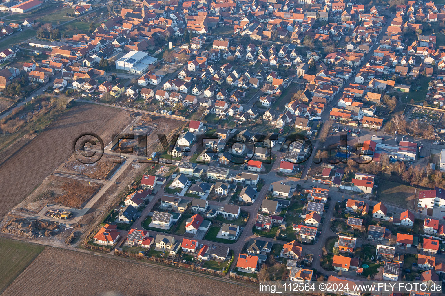 Aerial view of New development Siedlerweg in Steinweiler in the state Rhineland-Palatinate, Germany